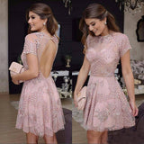 Short Lace Pink Beads A-Line Knee Length Backless Homecoming Dresses