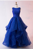 Fashion A-Line Bateau Long Royal Blue Organza Prom Dress with Beading PFP0061