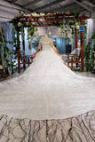 Ball Gown Half Sleeves Lace Bridal Dress with Sequins, Princess Long Wedding Dress PFW0377