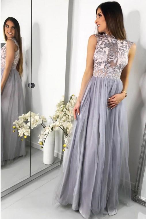 A-Line Jewel Floor-Length Tulle Prom Dress with Lace Appliques PFP0062
