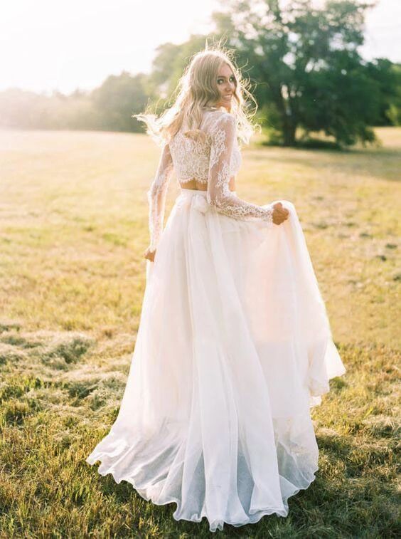2 Pieces Lace Top Chiffon Skirt Romantic Long Sleeves Wedding Dresses Promfast 2 Pieces Lace Top Chiffon Skirt Romantic Long Sleeves Wedding Dresses Promfast