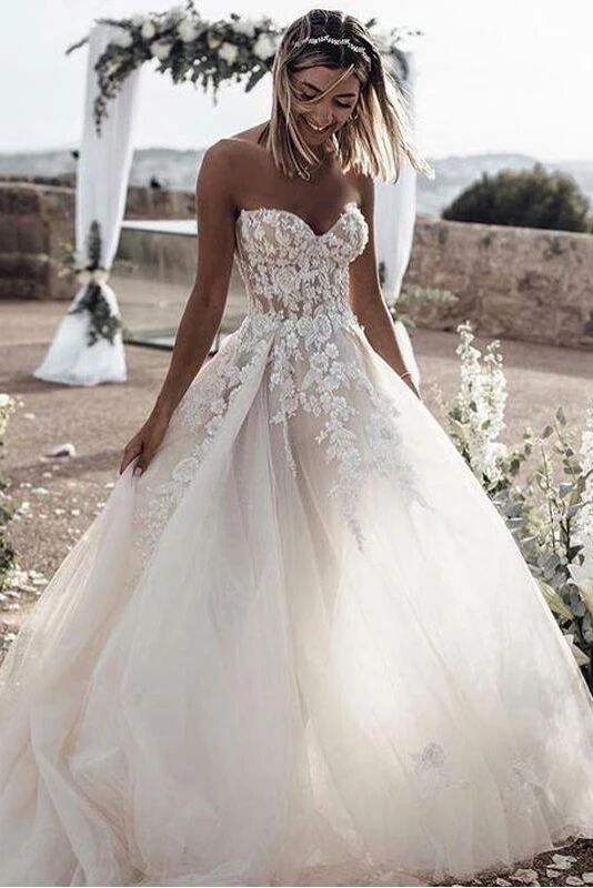 A Line Sweetheart Long Cheap Tulle Wedding Dresses with Lace Appliques PFW0382