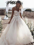 A Line Sweetheart Long Cheap Tulle Wedding Dresses with Lace Appliques PFW0382