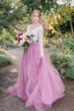A-Line V-Neck Long Sleeves Pink Tulle Wedding Dresses with Lace Appliques PFW0383