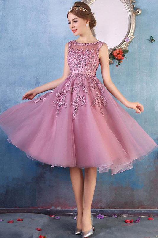 Elegant Lace Appliques Beaded A-line See Through Tea Length Homecoming Dresses