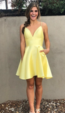 Promfast Yellow V Neck Satin Straps Homecoming Dresses Short Prom Dress PFP1920