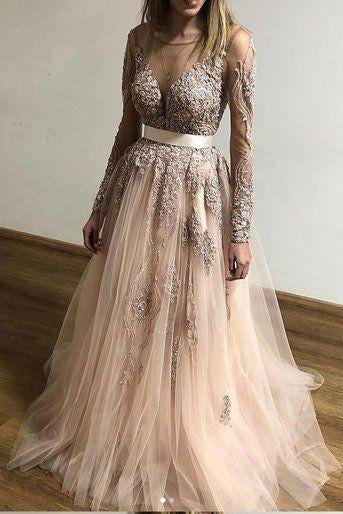 A Line Tulle Long Sleeves Appliques Cheap Prom Dresses PFP0064