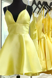 Promfast Yellow V Neck Satin Straps Homecoming Dresses Short Prom Dress PFP1920
