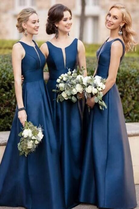 Simple A-Line Satin Navy Blue Bridesmaid Dress with Illusion V Inset PFB0105