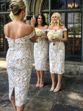 Elegant Off the Shoulder White Lace Tea Length Bridesmaid Dress PFB0106
