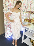 Elegant Off the Shoulder White Lace Tea Length Bridesmaid Dress PFB0106