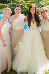 Elegant Halter A Line Long Bridesmaid Dress with Lace Appliques PFB0107