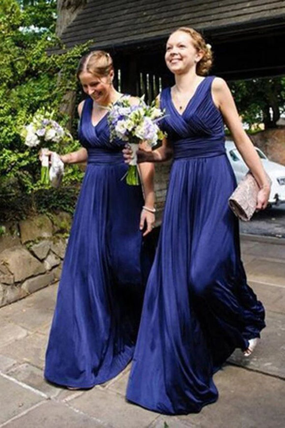 V-Neck Long Royal Blue A Line Pleats Bridesmaid Dress PFB0108