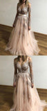 A Line Tulle Long Sleeves Appliques Cheap Prom Dresses PFP0064