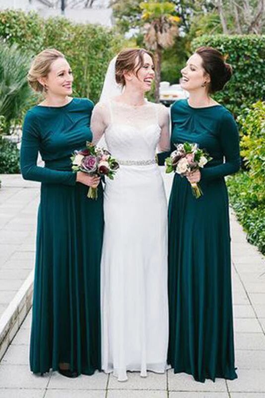New Arrival Jewel Neck Long Sleeves Dark Green Bridesmaid Dress PFB0109