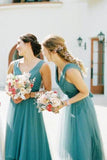 High-Low Teal V Neck A Line Bridesmaid Dress with Pleats PFB0110