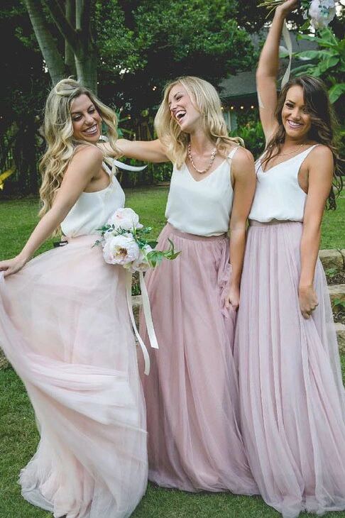 Gorgeous Two Piece Pink Tulle Long Bridesmaid Dress with White Top PFB0111