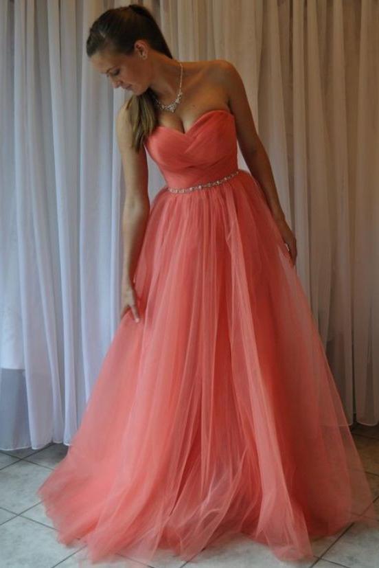 Charming Tulle Pleat Sweetheart Watermelon Prom Dress,Long A Line Even Promfast Charming Tulle Pleat Sweetheart Watermelon Prom Dress,Long A Line Even Promfast