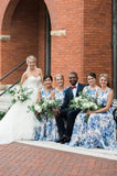 Scoop Ink Blue Print Bridesmaid Dress with Belt PFB0113