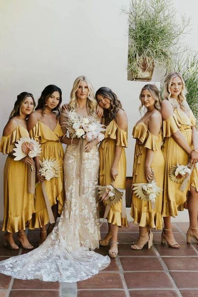 Elegant Cild Shoulder Tea Length Gold Bridesmaid Dress with Ruffles PF – Promfast
