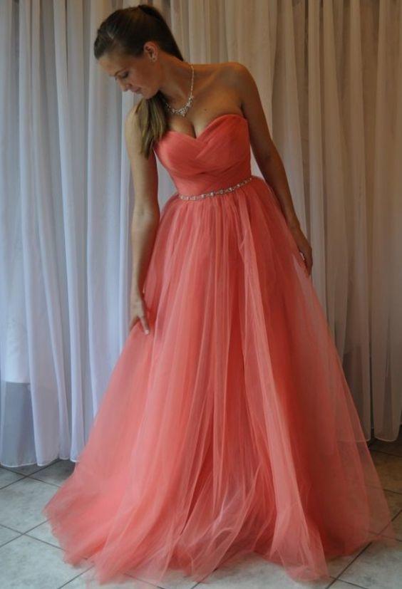 Charming Tulle Pleat Sweetheart Watermelon Prom Dress,Long A Line Even –  Promfast