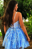 Promfast A Line Spaghetti Straps Blue Criss-Cross Homecoming Dress With Appliques PFP1921