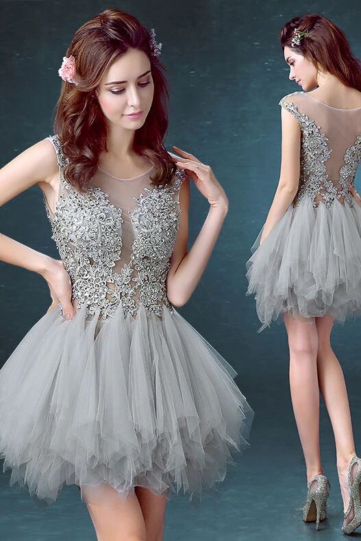 Tulle Scoop Unique Junior Homecoming Dress with appliques,Graduation Dress PFH0217