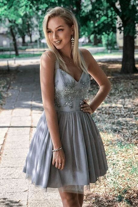 A-Line Straps Above-Knee Gray Homecoming Dress with Appliques PFH0218