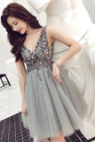 A Line V Neck Sparkle Short Grey Backless Homecoming Dresses Party Dress PFH0219