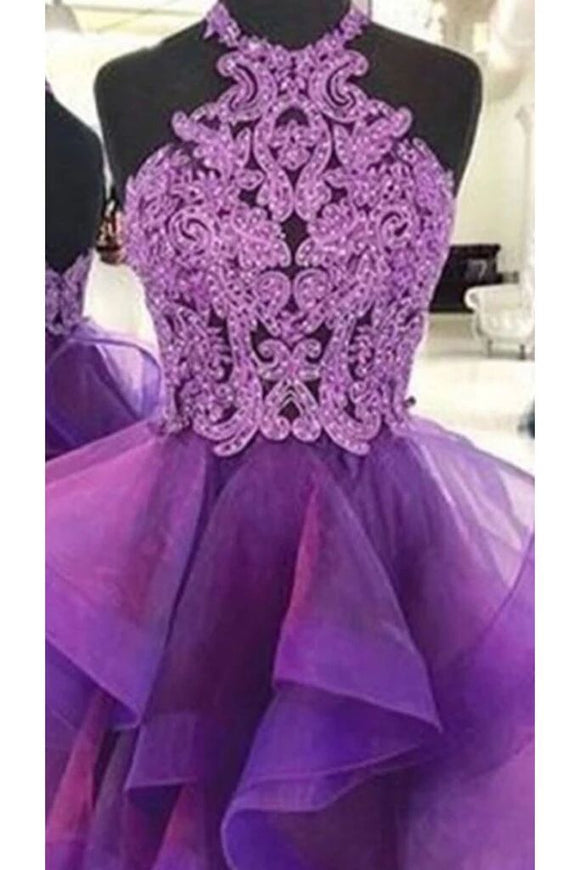 A Line Halter Purple Homecoming Dresses, Short Prom Dress With Lace PFH0220
