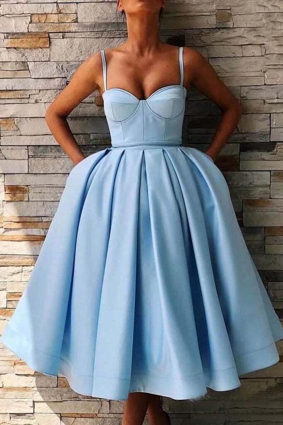 Tea Length Sky Blue Prom Dress with Pocket Spaghetti Straps Simple Graduation Dress PFH0221