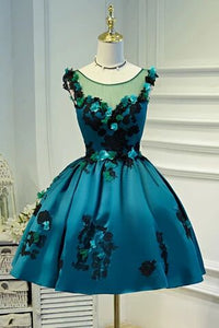 A Line Flower Appliques Round Neck Homecoming Dresses, Blue Short Prom Dress PFH0222