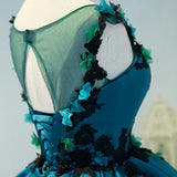 A Line Flower Appliques Round Neck Homecoming Dresses, Blue Short Prom Dress PFH0222