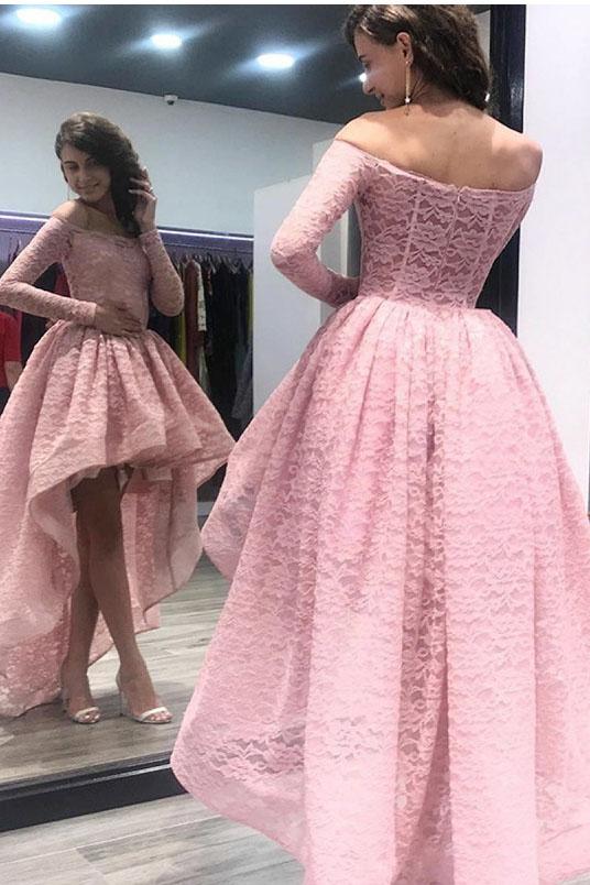 Fashion A-Line Off the Shoulder High Low Long Sleeves Pink Lace Prom Dress PFP0067