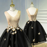 A Line Black V Neck Homecoming Dresses, Sleeveless Prom Dress With Butterfly PFH0225