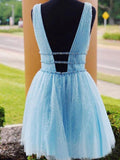 Sky Blue Beaded Backless Homecoming Dresses, Short Graduation Dress PFH0229