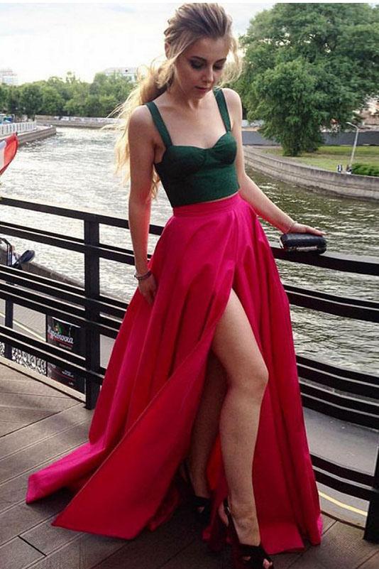 Two Piece A-Line Square Neck Fuchsia Satin Split Prom Dress With Green Promfast Two Piece A-Line Square Neck Fuchsia Satin Split Prom Dress With Green Promfast