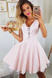 Pink Appliqued A Line Homecoming Dresses V Neck Short Hoco Dress PFH0230