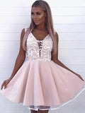 Pink Appliqued A Line Homecoming Dresses V Neck Short Hoco Dress PFH0230