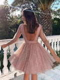 Pink Sequins Long Sleeve Short Homecoming Dresses Backless Formal Dress PFH0232