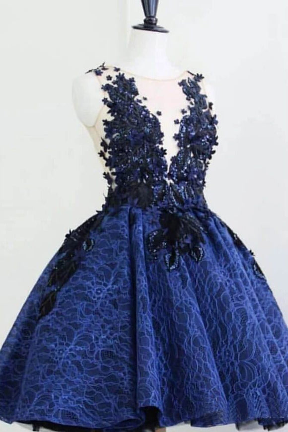Royal Blue Lace Sheer Neck Short Prom Dresses, Charming Homecoming Dress PFH0234