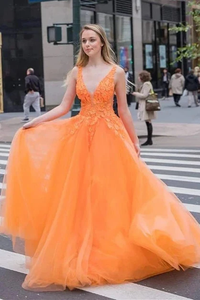 Anneprom A Line Tulle Appliques Orange V Neck Prom Dress, Long Evening Dress, Dance Dresses PFP1924