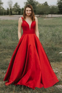 Simple A-line V-neck Satin Long Cheap Red Prom Dresses with Pocket PFP1515