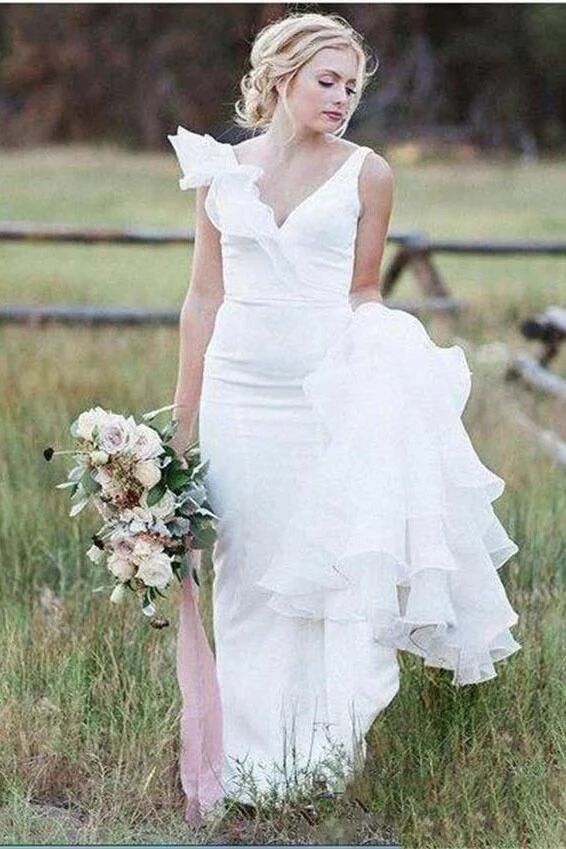V Neck Backless Sheath White Wedding Dresses Long Simple Bridal Dresses PFW0385