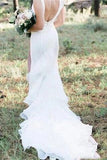 V Neck Backless Sheath White Wedding Dresses Long Simple Bridal Dresses PFW0385