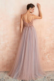 Promfast Straps A-Line Beading Rose Split Tulle Prom Dress with Crystal PFP1805