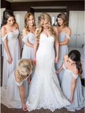 A-Line Off-the-Shoulder Light Grey Ruched Chiffon Long Bridesmaid Dress PFB0156
