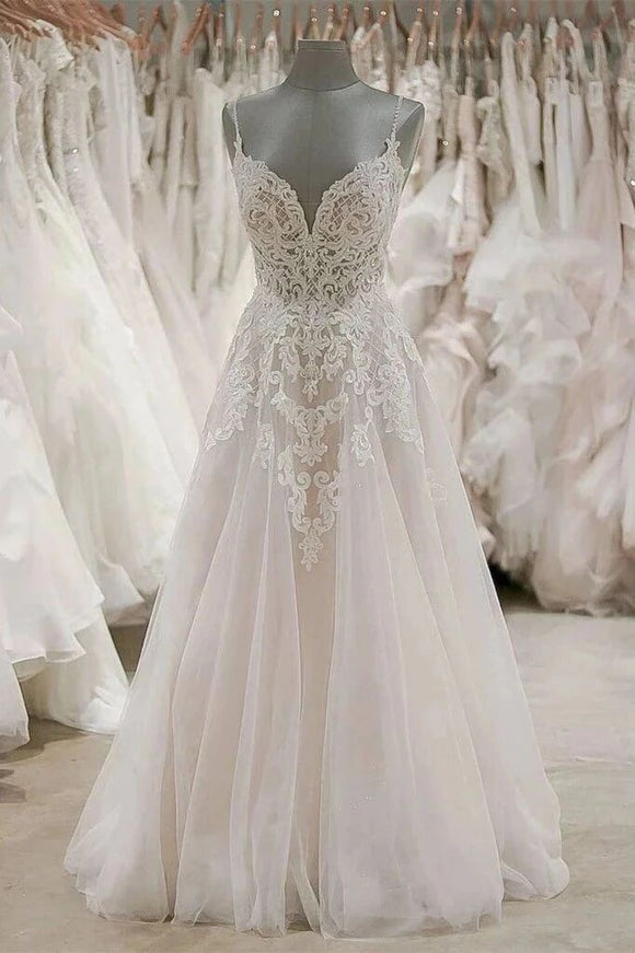 A Line Spaghetti Straps Tulle Wedding Dresses Appliqued Cheap Bridal D – Promfast A Line Spaghetti Straps Tulle Wedding Dresses Appliqued Cheap Bridal D – Promfast