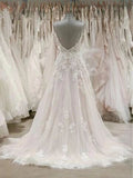 A Line Spaghetti Straps Tulle Wedding Dresses Appliqued Cheap Bridal Dresses PFW0387