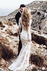 Vintage Long Sleeve Mermaid Lace Applique Wedding Dressses PFW0388